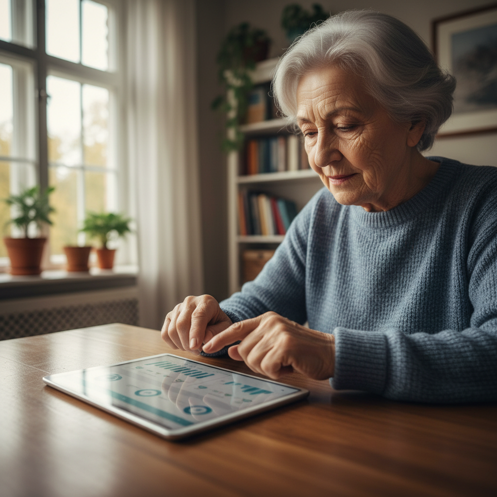 Пожилая женщина за столом с умной таблетницей и семейными вещами